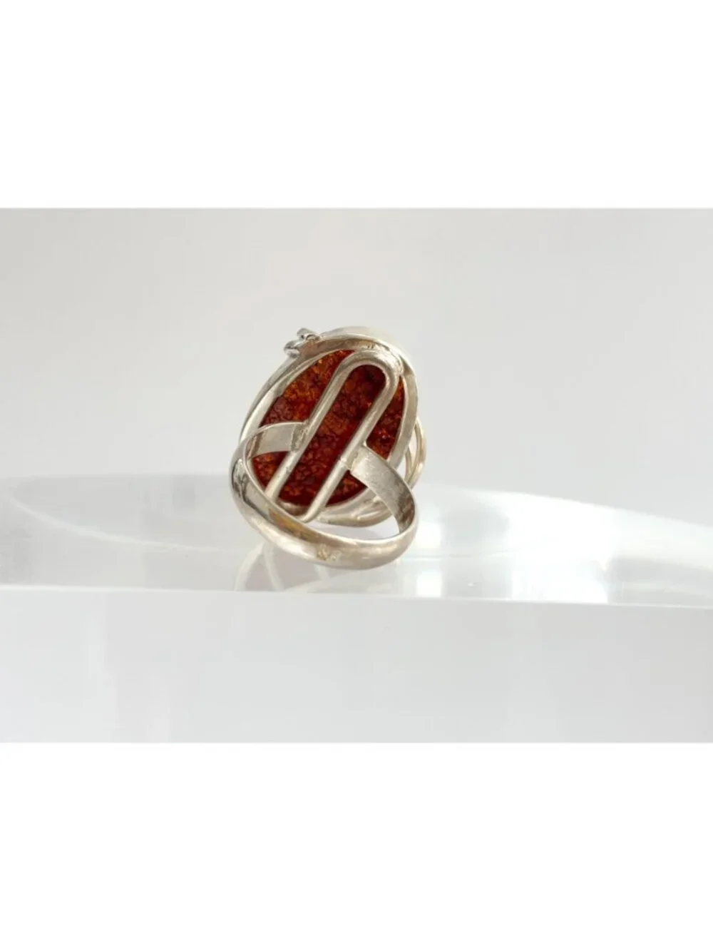 Modernist Genuine Baltic Amber Stone Sterling Silver 925 Vintage Ring - sz 7.5